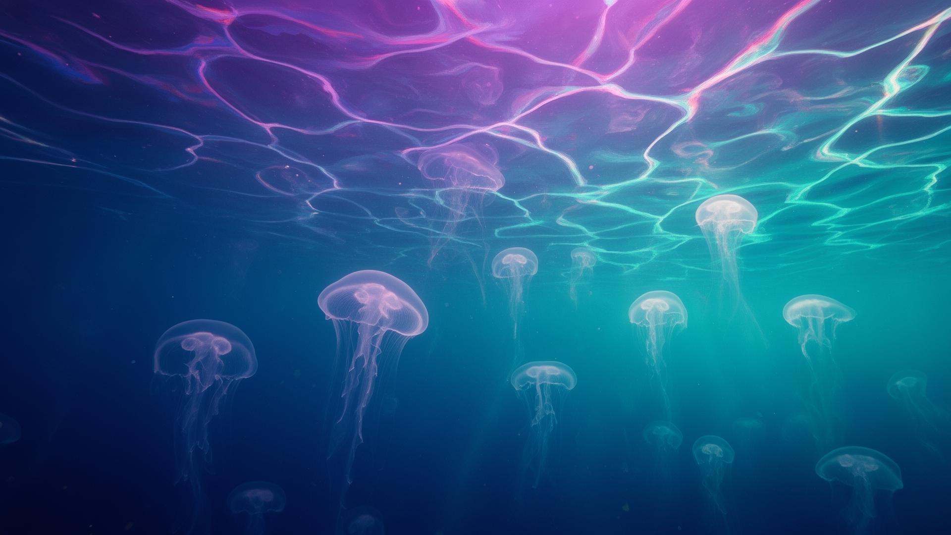 Unterwasserszene mit treibenden Quallen und violettem Lichtspiel